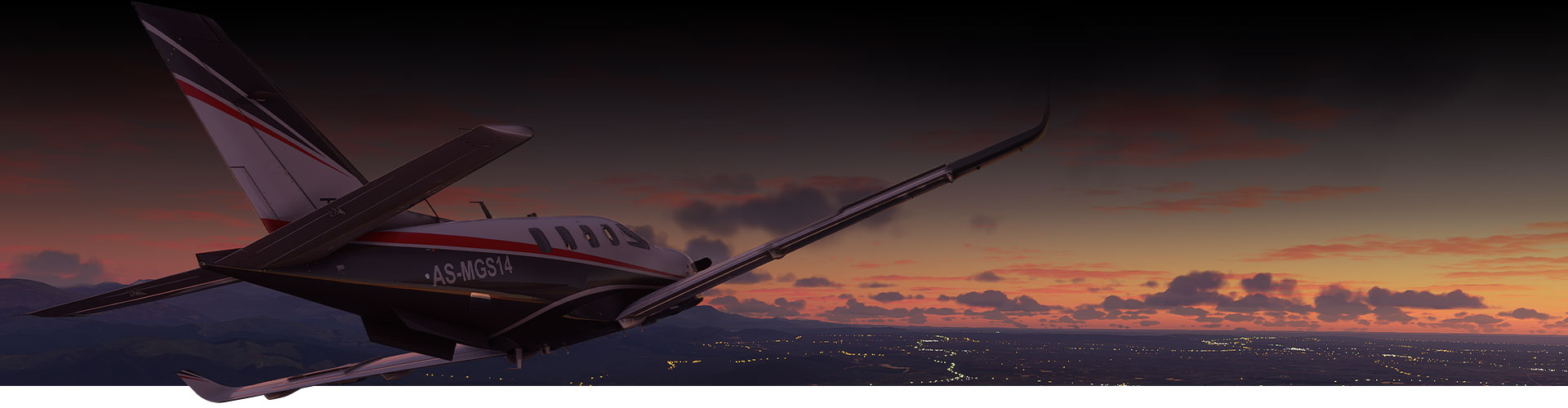 Самолет из Microsoft Flight Simulato летит над городом на закате